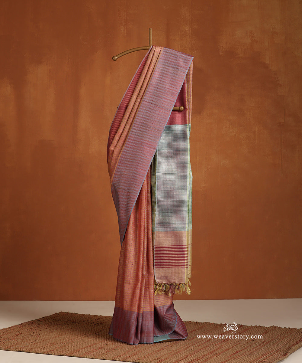 Peach_Handloom_Tussar_Silk_Saree_With_Light_Green_Striped_Palla_WeaverStory_01