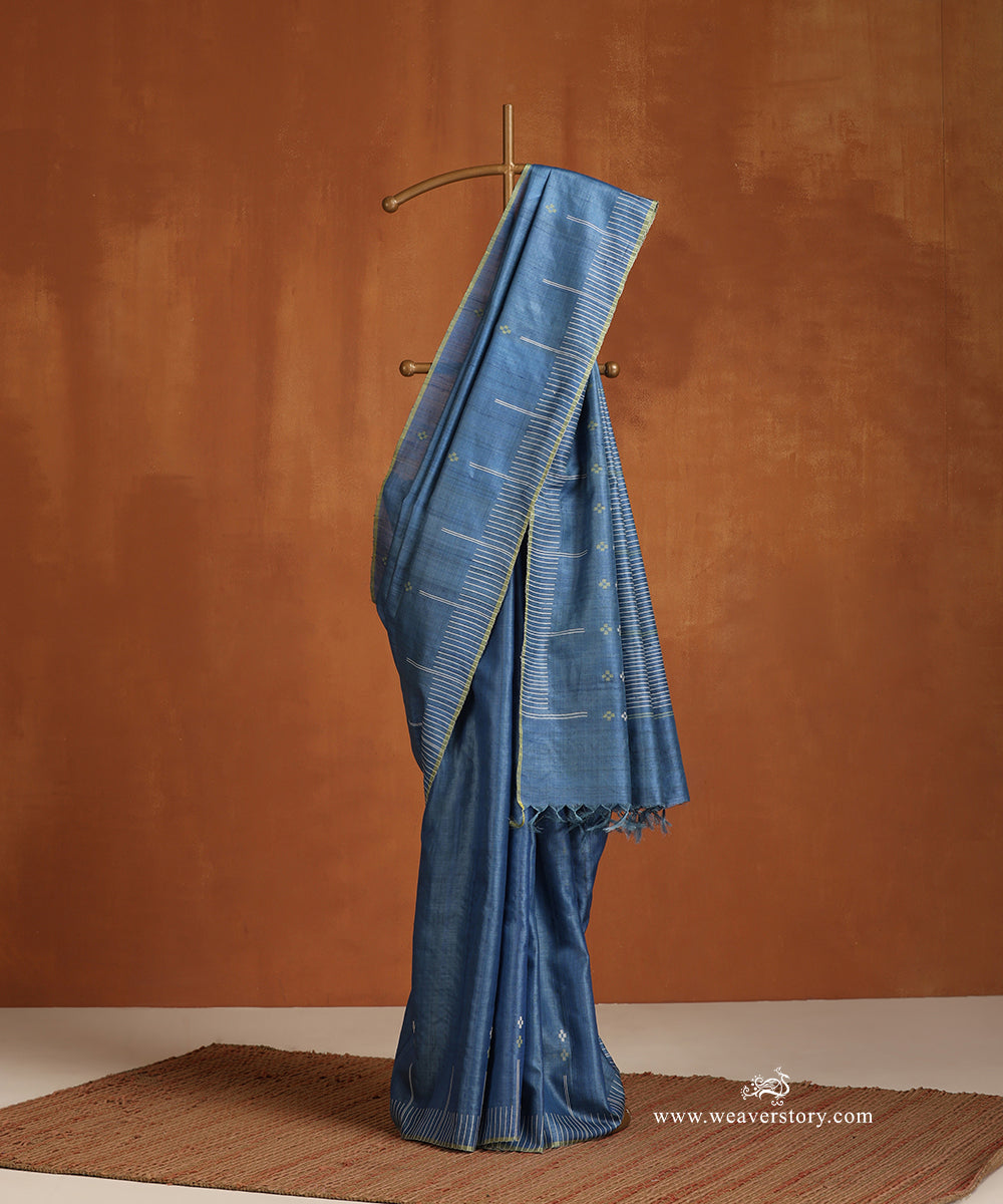 Dusty_Indigo_Handloom_Pure_Tussar_Silk_Saree_With_White_Thread_Line_Border_WeaverStory_01