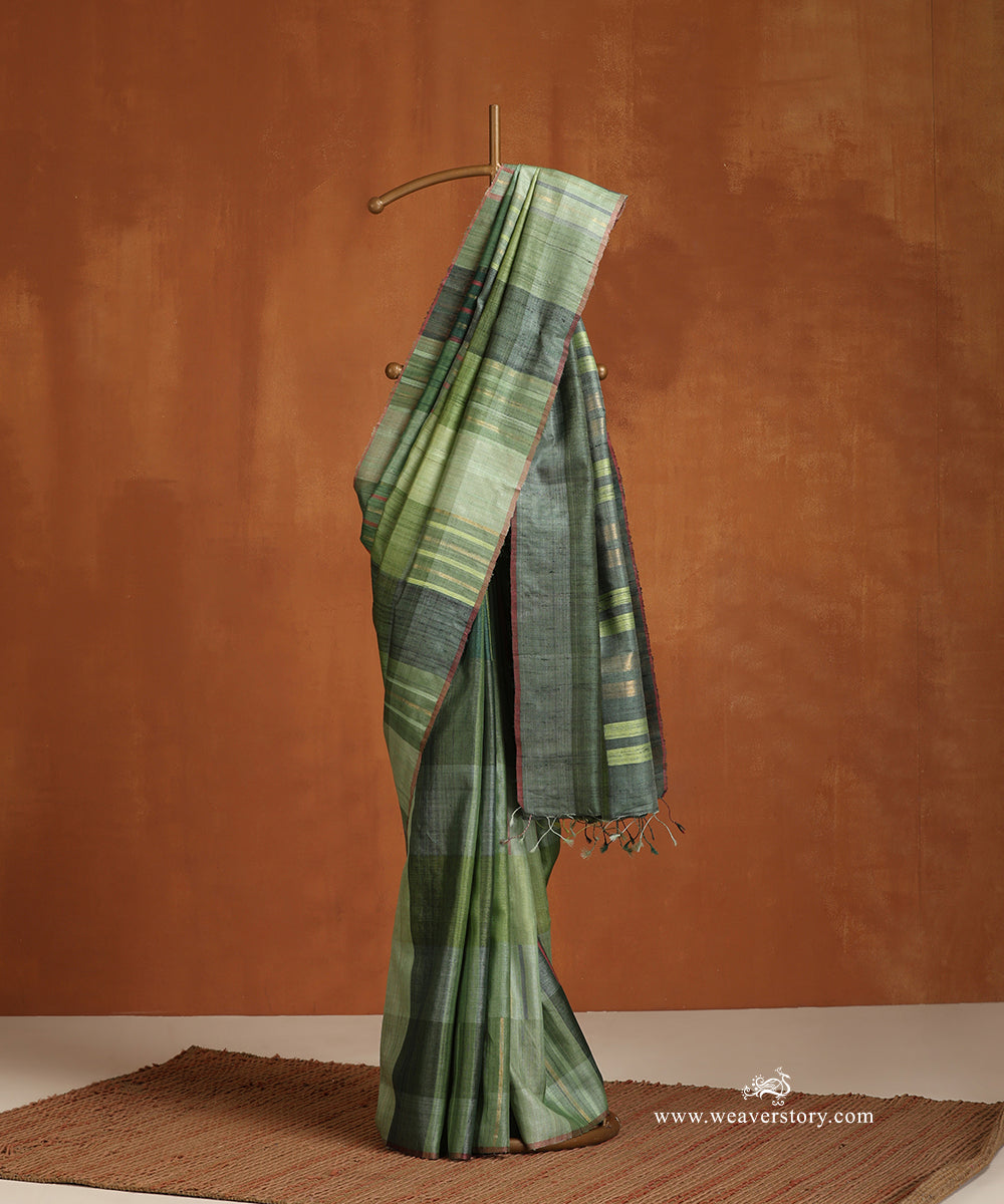 Forest_Fade_Handloom_Pure_Tussar_Silk_Saree_With_Red_Selvedge_WeaverStory_01