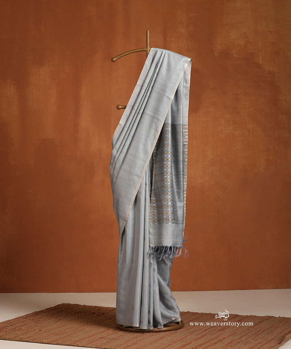 Steel_Grey_Handloom_Pure_Munge_Silk_Self_Stripe_Saree_With_Tussar_Palla_WeaverStory_01