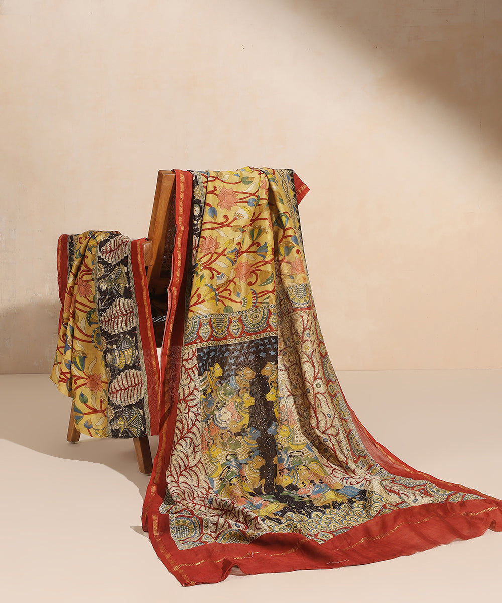 Red_And_Musterd_Handloom_Pure_Cottton_Chanderi_Mata-Ni-Pachedi_Saree_With_Hand_Printed_Kalamkari_Lotus_And_Nandi_Motifs_On_Pallu_WeaverStory_01