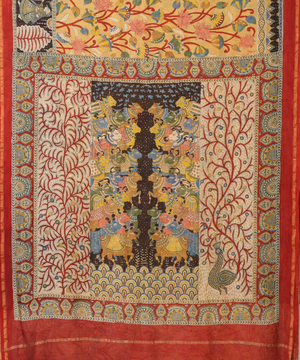 Red_And_Musterd_Handloom_Pure_Cottton_Chanderi_Mata-Ni-Pachedi_Saree_With_Hand_Printed_Kalamkari_Lotus_And_Nandi_Motifs_On_Pallu_WeaverStory_02