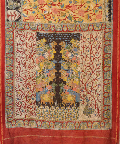 Red_And_Musterd_Handloom_Pure_Cottton_Chanderi_Mata-Ni-Pachedi_Saree_With_Hand_Printed_Kalamkari_Lotus_And_Nandi_Motifs_On_Pallu_WeaverStory_02