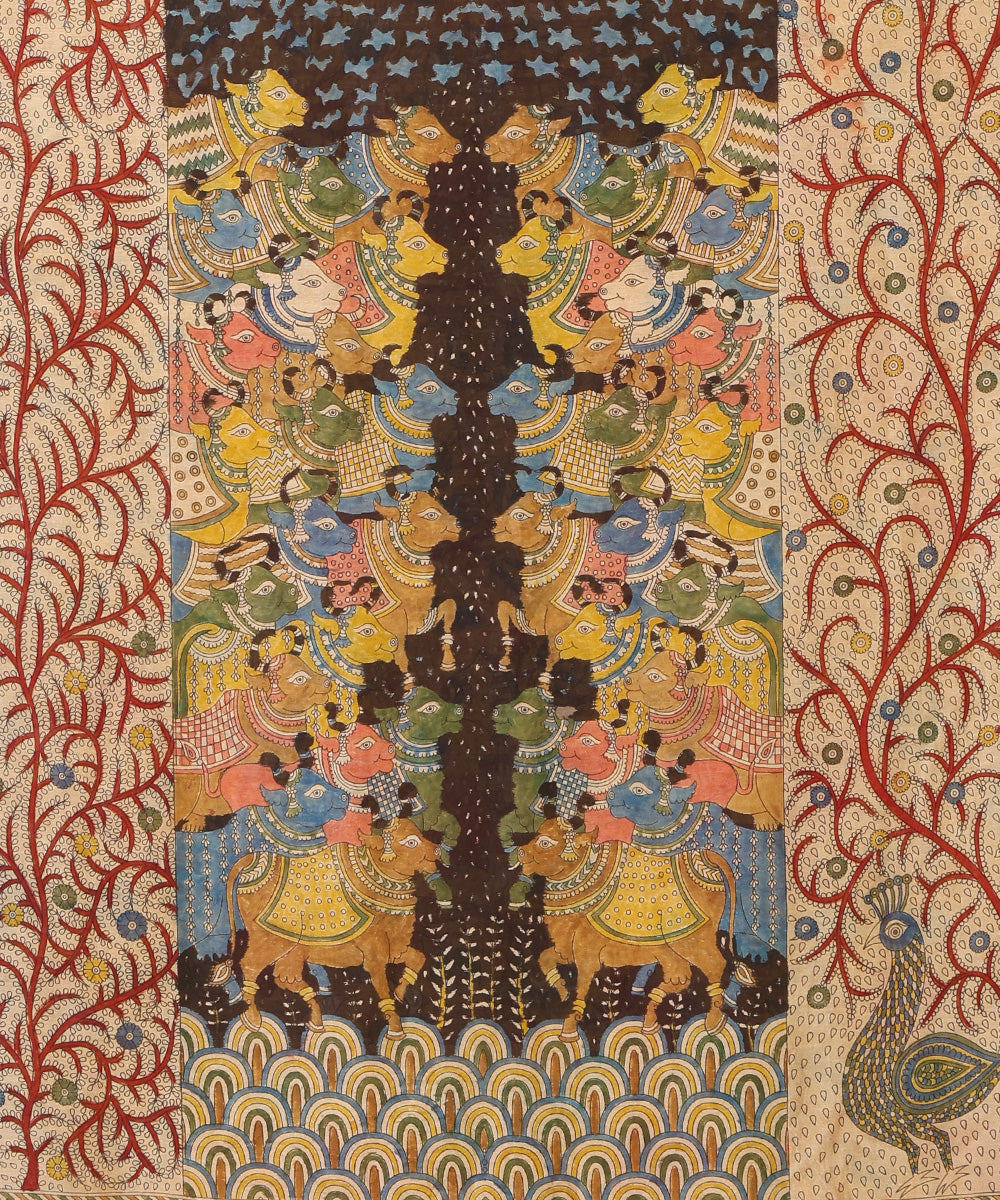 Red_And_Musterd_Handloom_Pure_Cottton_Chanderi_Mata-Ni-Pachedi_Saree_With_Hand_Printed_Kalamkari_Lotus_And_Nandi_Motifs_On_Pallu_WeaverStory_03
