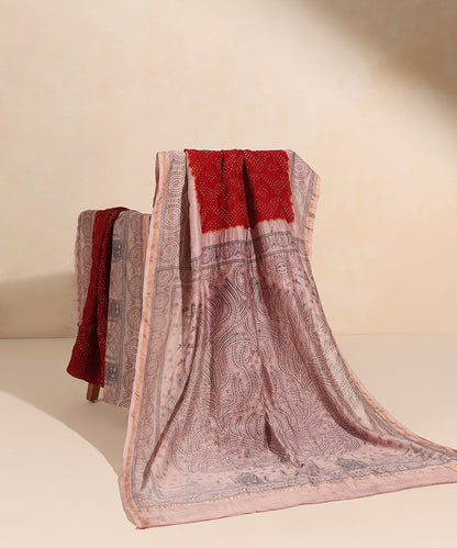 Red_And_Beige_Handloom_Pure_Cotton_Chanderi_Bandhani_Mata-Ni-Pachedi_Saree_With_Hand_Printed_Big_Tree_On_Pallu_WeaverStory_01