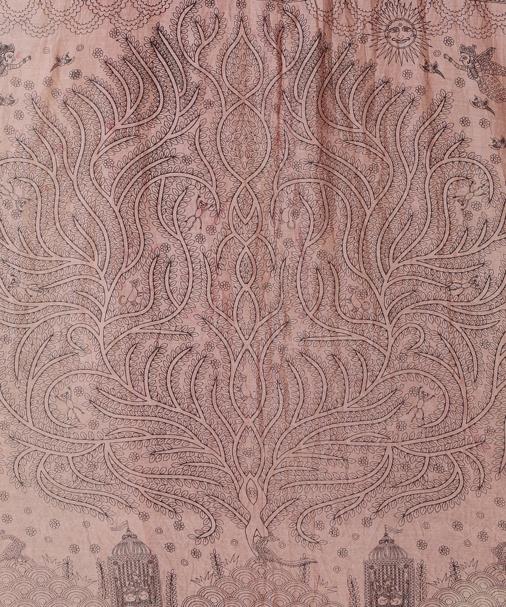 Red_And_Beige_Handloom_Pure_Cotton_Chanderi_Bandhani_Mata-Ni-Pachedi_Saree_With_Hand_Printed_Big_Tree_On_Pallu_WeaverStory_03