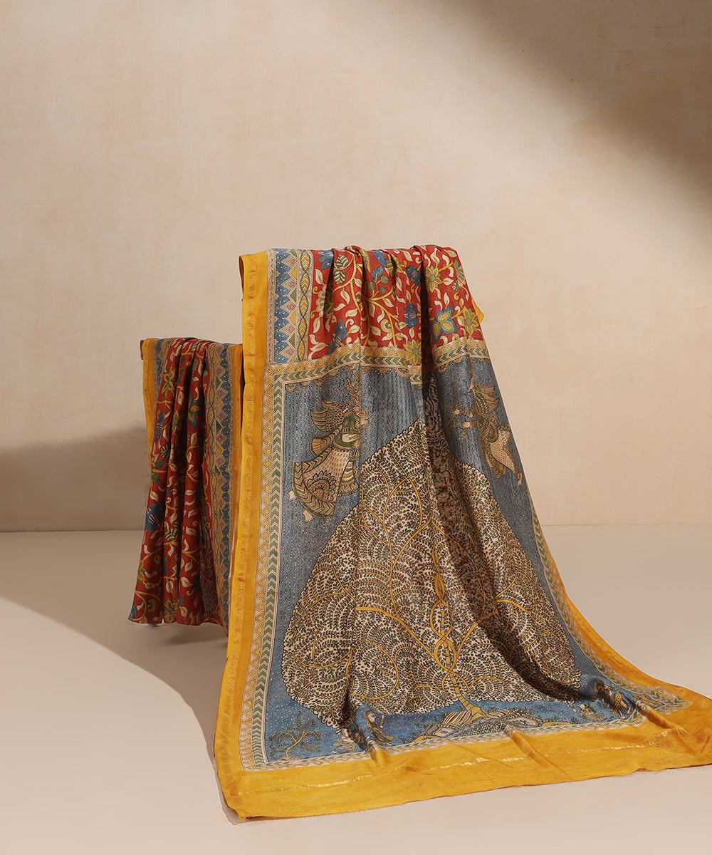 Red_And_Blue_Handloom_Pure_Cotton_Chanderi_Mata-Ni-Pachedi_Saree_With_Hand_Printed_Kalamkari_Lotus_And_Tree_With_Small_Leaf_On_Palla_WeaverStory_01