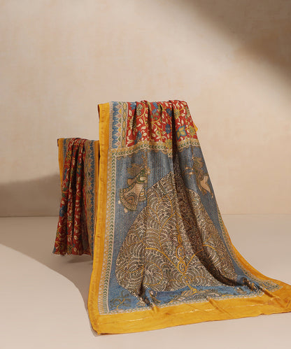 Red_And_Blue_Handloom_Pure_Cotton_Chanderi_Mata-Ni-Pachedi_Saree_With_Hand_Printed_Kalamkari_Lotus_And_Tree_With_Small_Leaf_On_Palla_WeaverStory_01