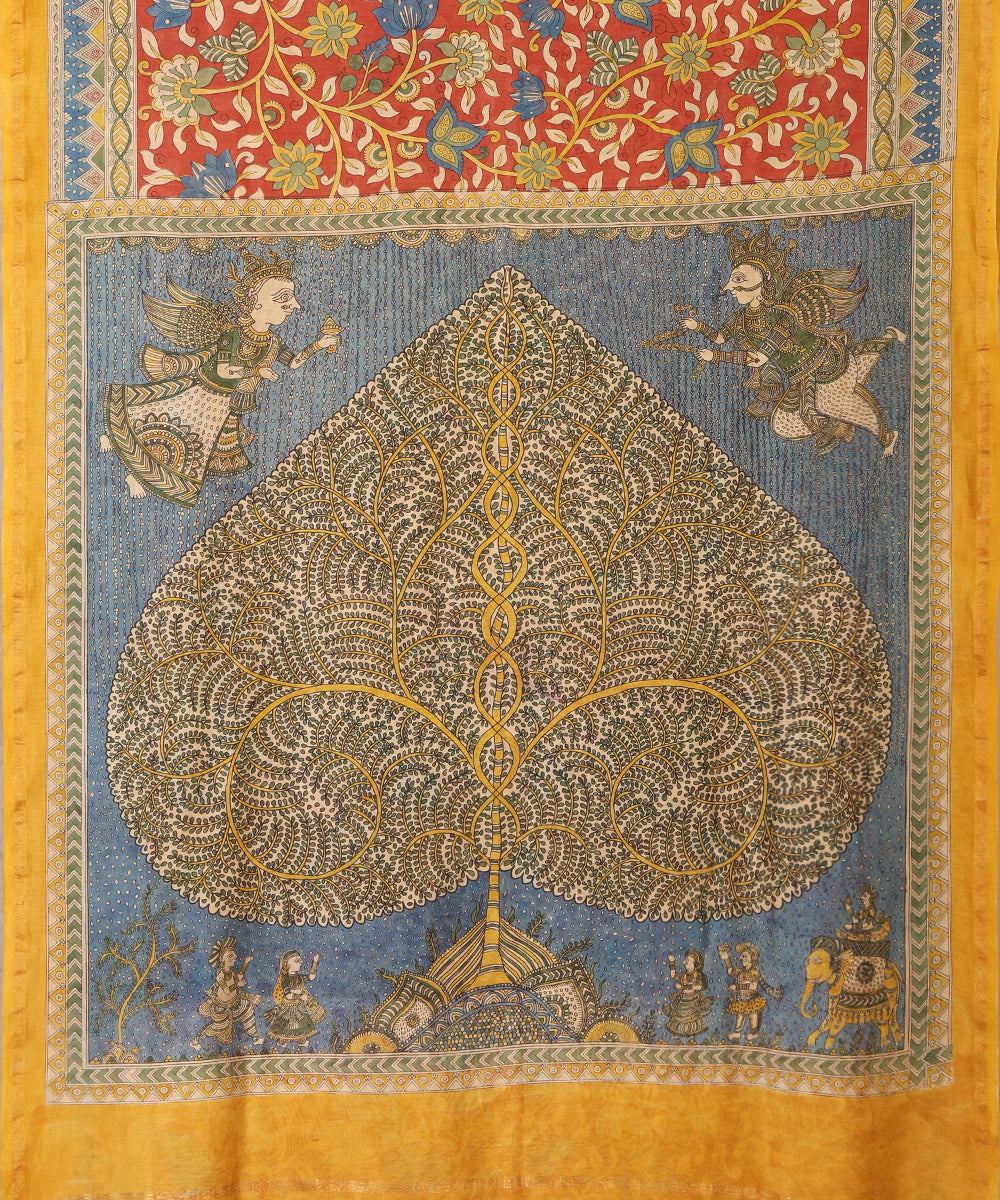 Red_And_Blue_Handloom_Pure_Cotton_Chanderi_Mata-Ni-Pachedi_Saree_With_Hand_Printed_Kalamkari_Lotus_And_Tree_With_Small_Leaf_On_Palla_WeaverStory_02