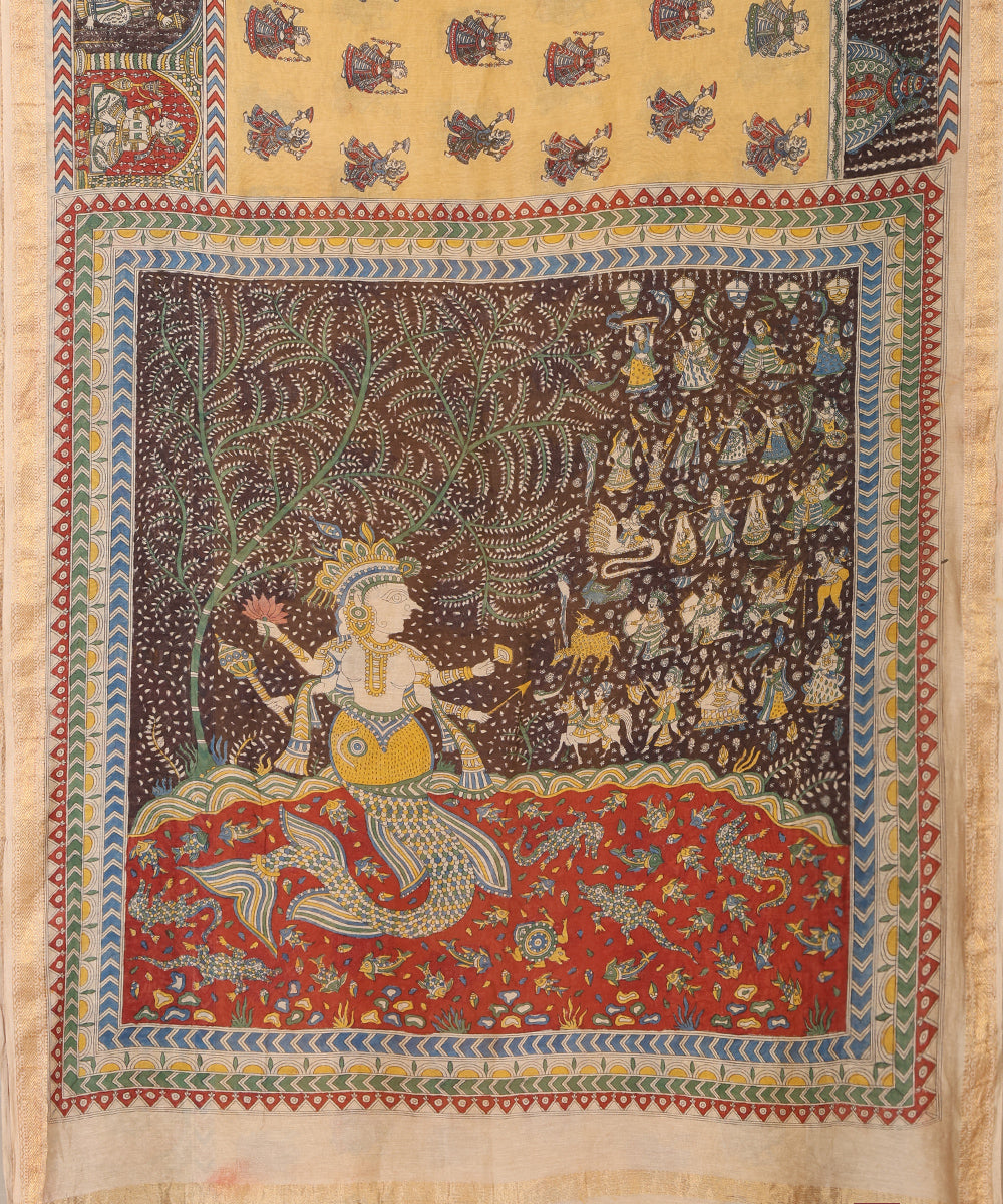 Beige Handloom Pure Cotton Chanderi Mata-Ni-Pachedi Saree With Hand Printed Vishnu Ji On Pallu