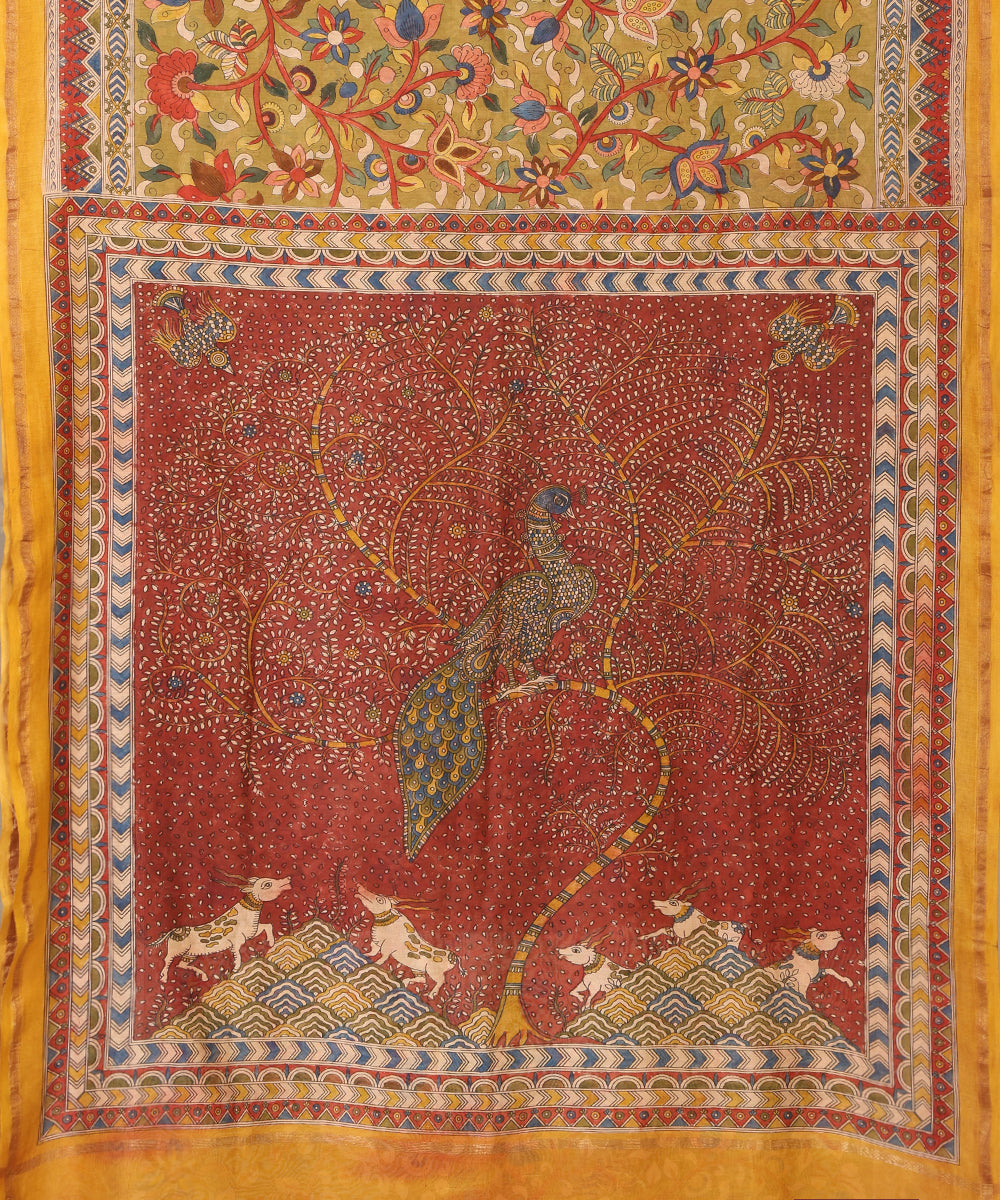 Olive_And_Red_Handloom_Pure_Cottton_Chanderi_Mata-Ni-Pachedi_Saree_With_Hand_Printed_Kalamkari_Lotus_And_Pecock_Motifs_On_Pallu_WeaverStory_02