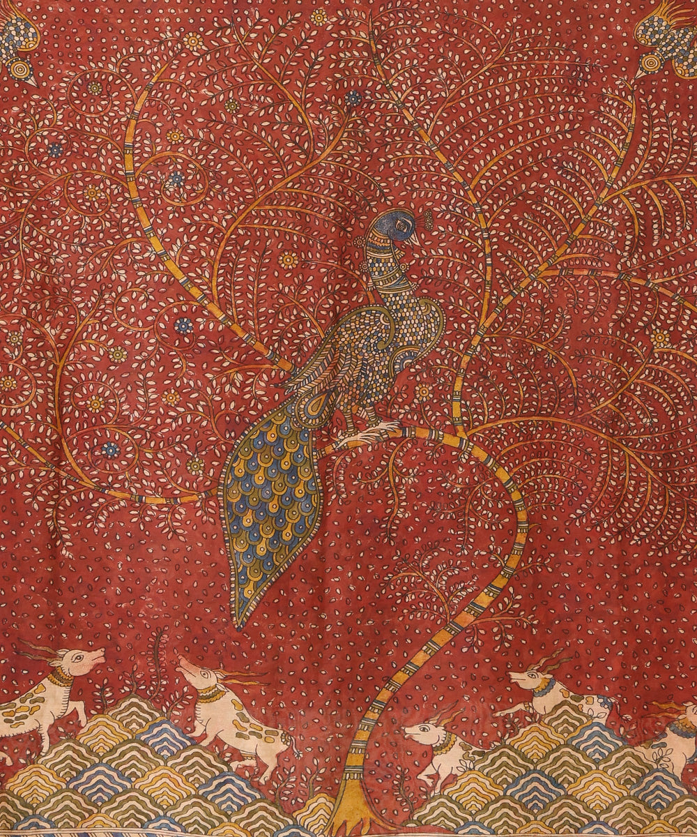 Olive_And_Red_Handloom_Pure_Cottton_Chanderi_Mata-Ni-Pachedi_Saree_With_Hand_Printed_Kalamkari_Lotus_And_Pecock_Motifs_On_Pallu_WeaverStory_03