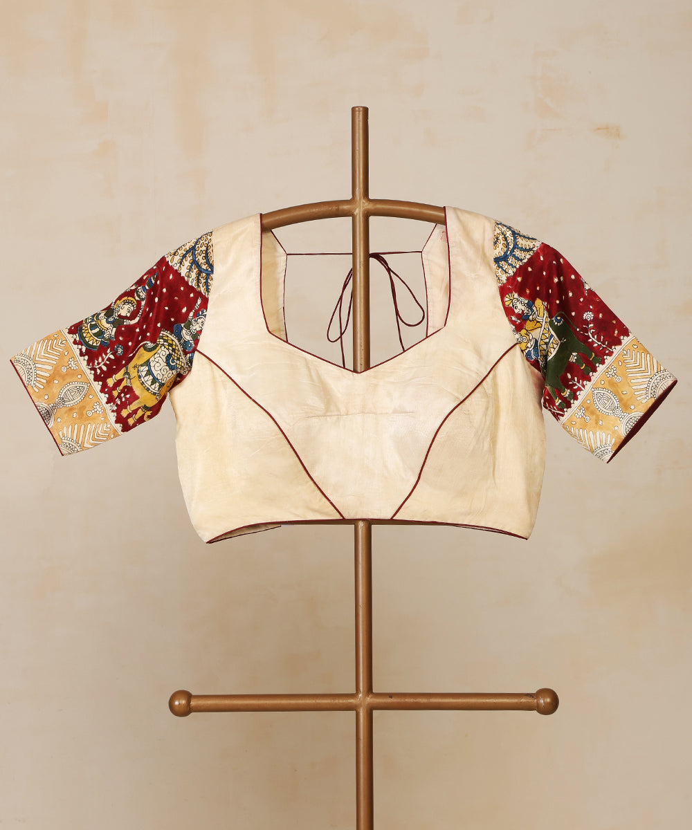 White_And_Red_Handloom_Pure_Modal_Satin_Mata-Ni-Pachedi_Blouse_With_Hand_Printed_Figurine_Motifs_On_Sleave_WeaverStory_01