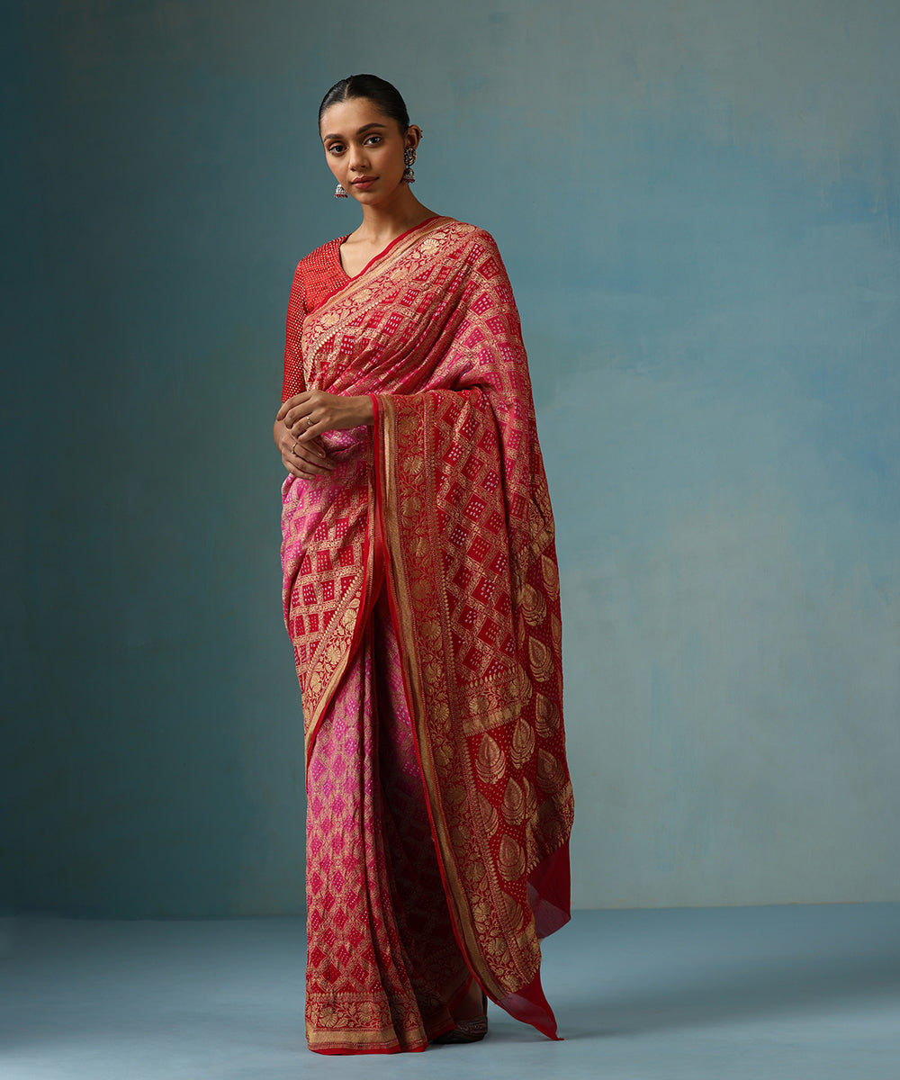 Pink_And_Red_Handloom_Pure_Georgette_Banarasi_Bandhej_Saree_With_Zari_WeaverStory_01