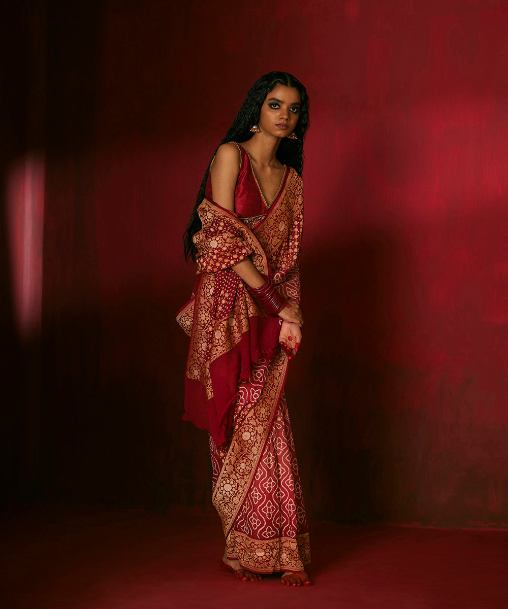 Maroon Handloom Pure Georgette Banarasi Bandhej Saree With Zari