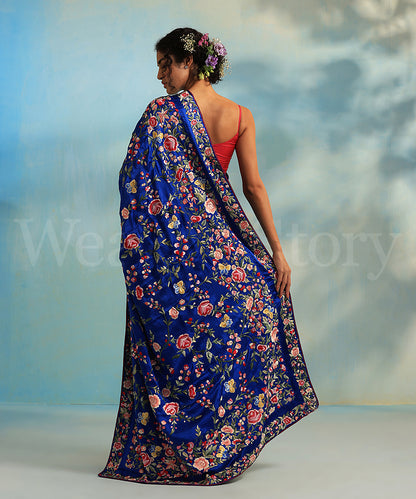 Blue Hand Embroidered Satin Silk Parsi Gara Saree With Multicolor Floral Jaal - Pre Order