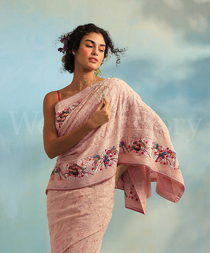 Pink Hand Embroidered Georgette Parsi Gara Saree With Multicolored Border - Pre Order