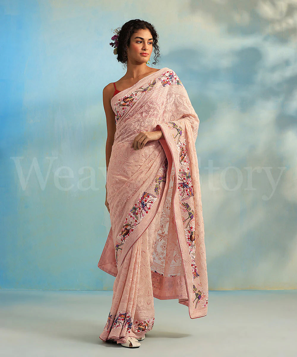 Pink Hand Embroidered Georgette Parsi Gara Saree With Multicolored Border - Pre Order