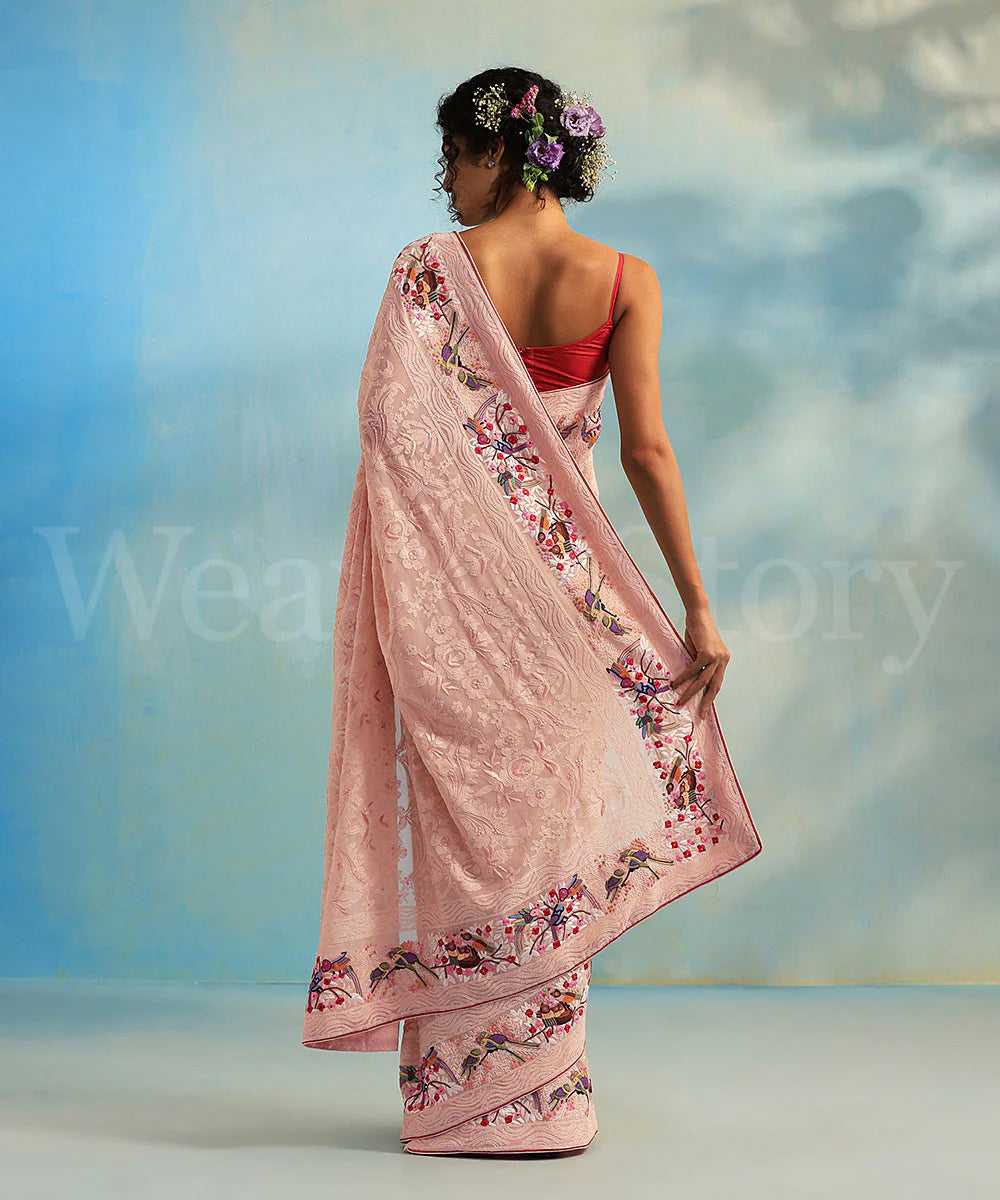 Pink Hand Embroidered Georgette Parsi Gara Saree With Multicolored Border - Pre Order