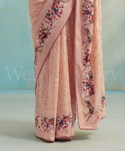 Pink Hand Embroidered Georgette Parsi Gara Saree With Multicolored Border - Pre Order