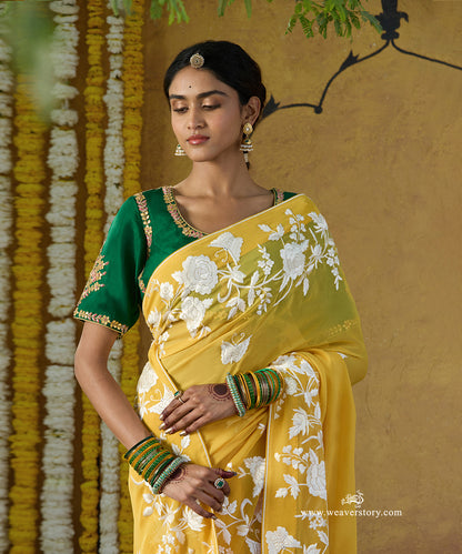 Yellow Hand Embroidered Georgette Floral Parsi Gara Saree With All Over Butterfly Booties