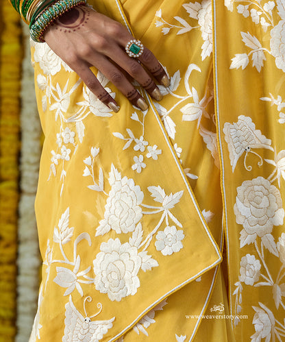 Yellow Hand Embroidered Georgette Floral Parsi Gara Saree With All Over Butterfly Booties