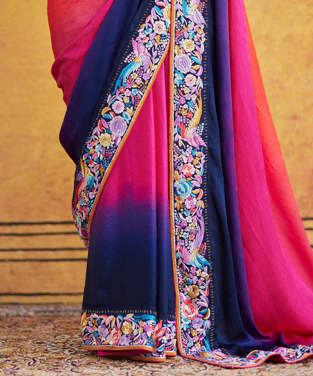 Pink_Ombre_Dyed_Hand_Embroidered_Crepe_Jacquard_Parsi_Gara_Saree_With_Multicolored_Border_WeaverStory_04