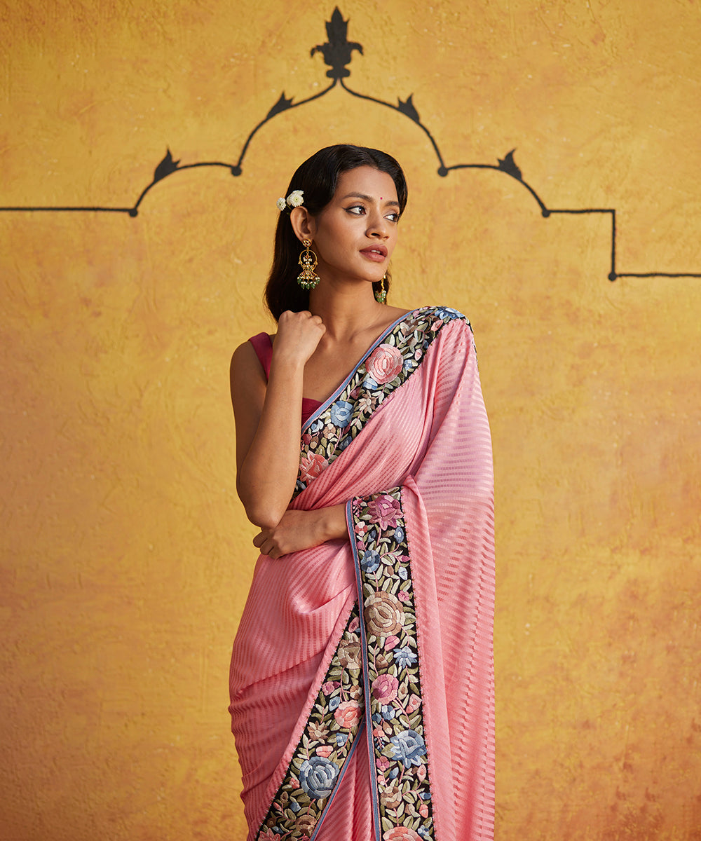 Pink Hand Embroidered Crepe Jacquard Parsi Gara Saree - Pre Order