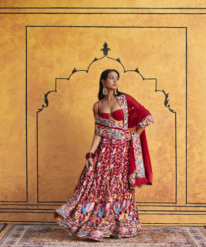 Red_lehenga_with_flower_motifs_and_border_on_dupatta_WeaverStory_1