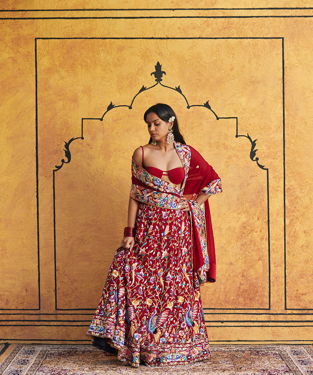 Red_lehenga_with_flower_motifs_and_border_on_dupatta_WeaverStory_3