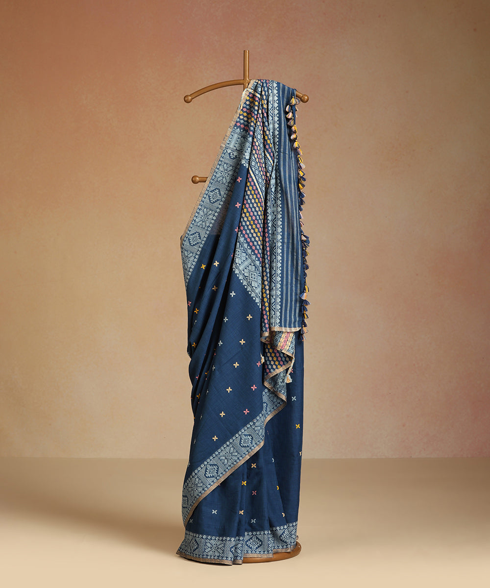 Blue_Handloom_Pure_Eri_Silk_Assam_Indigo_Dye_Saree_With_Multicoloured_Booti_On_Pallu_WeaverStory_01