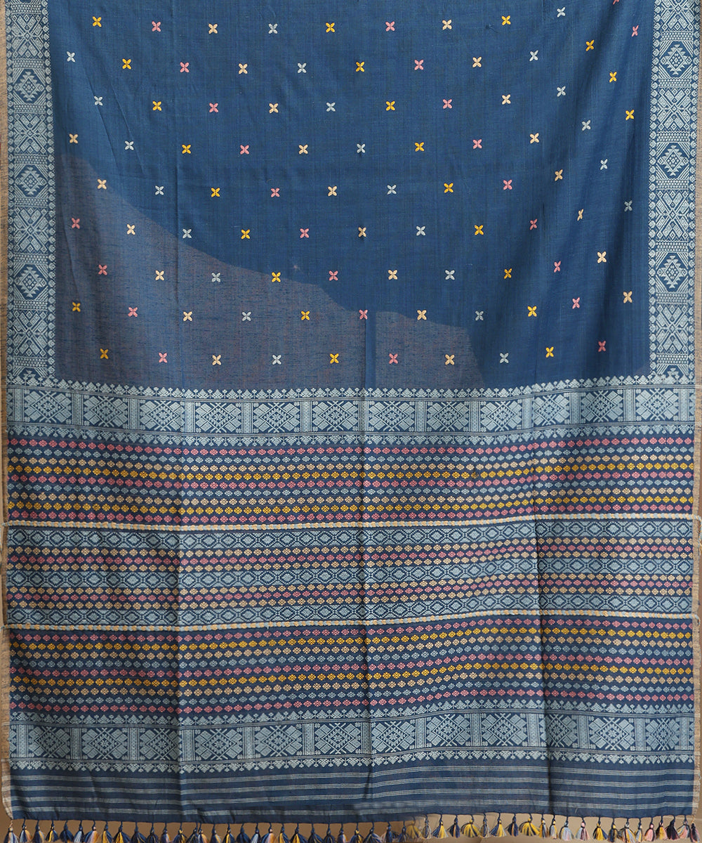 Blue_Handloom_Pure_Eri_Silk_Assam_Indigo_Dye_Saree_With_Multicoloured_Booti_On_Pallu_WeaverStory_05