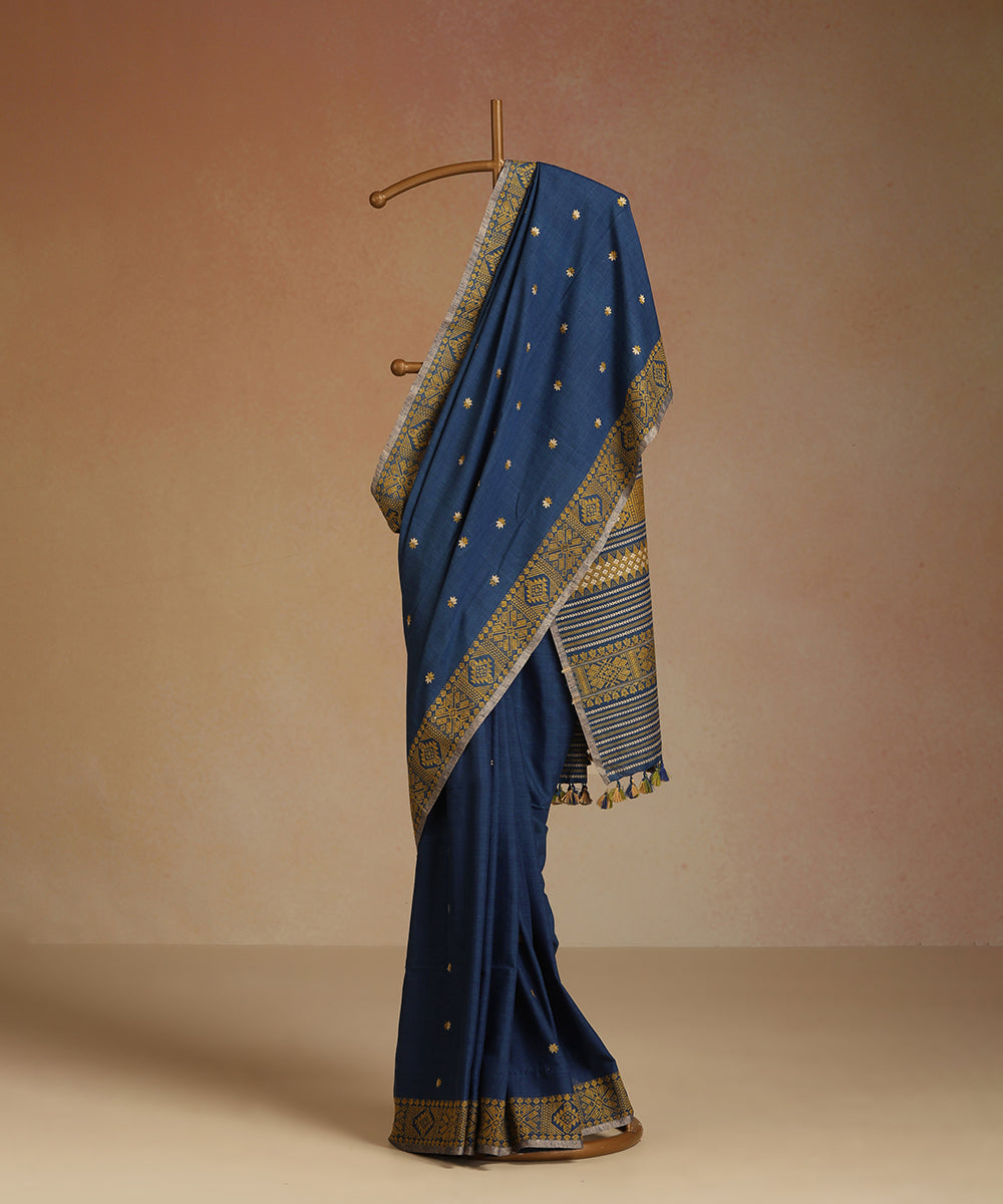 Blue_Handloom_Pure_Eri_Silk_Assam_Indigo_Dye_Saree_With_Yellow_And_Beige_Small_Floral_Booti_And_Yellow_Border_WeaverStory_01