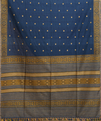 Blue_Handloom_Pure_Eri_Silk_Assam_Indigo_Dye_Saree_With_Yellow_And_Beige_Small_Floral_Booti_And_Yellow_Border_WeaverStory_05