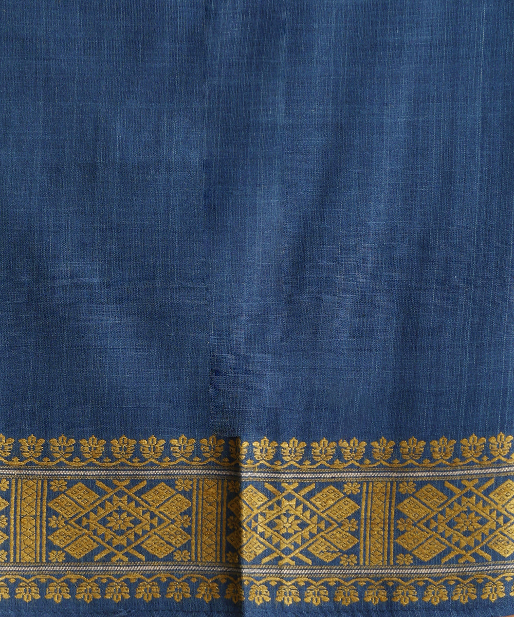 Blue_Handloom_Pure_Eri_Silk_Assam_Indigo_Dye_Saree_With_Yellow_And_Beige_Small_Floral_Booti_And_Yellow_Border_WeaverStory_06