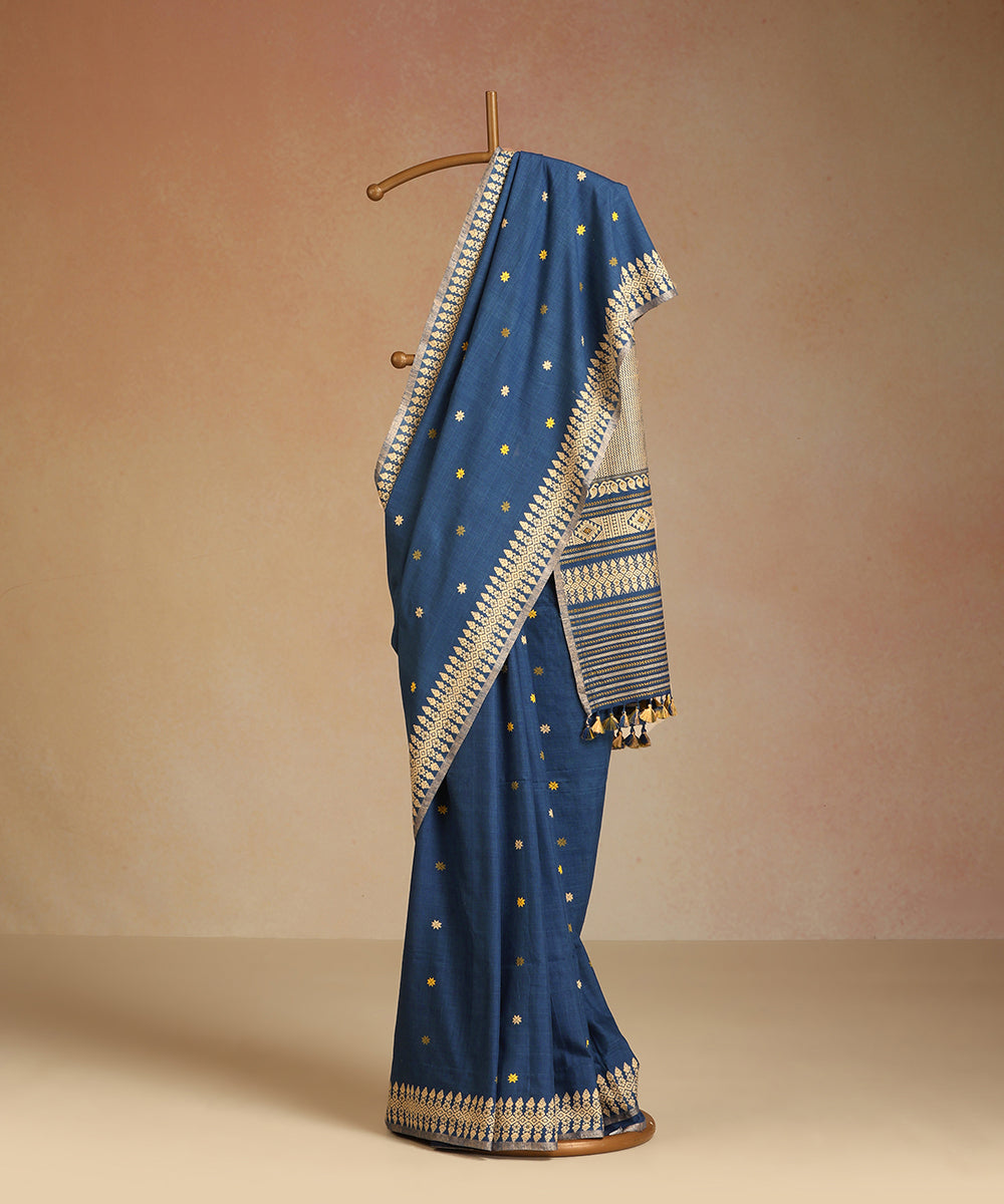 Blue_Handloom_Pure_Eri_Silk_Assam_Indigo_Dye_Saree_With_Yellow_And_Beige_Small_Floral_Booti_With_Beige_Border_WeaverStory_01