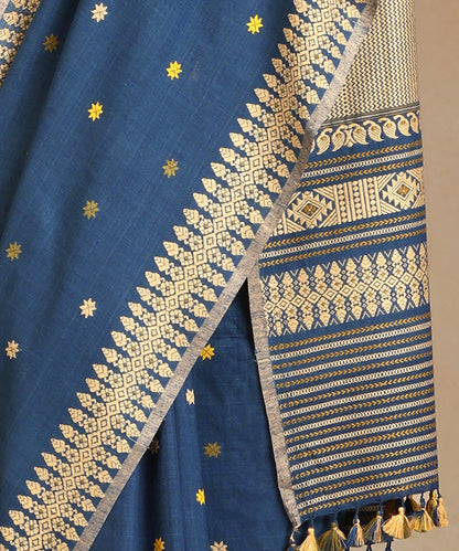 Blue_Handloom_Pure_Eri_Silk_Assam_Indigo_Dye_Saree_With_Yellow_And_Beige_Small_Floral_Booti_With_Beige_Border_WeaverStory_04
