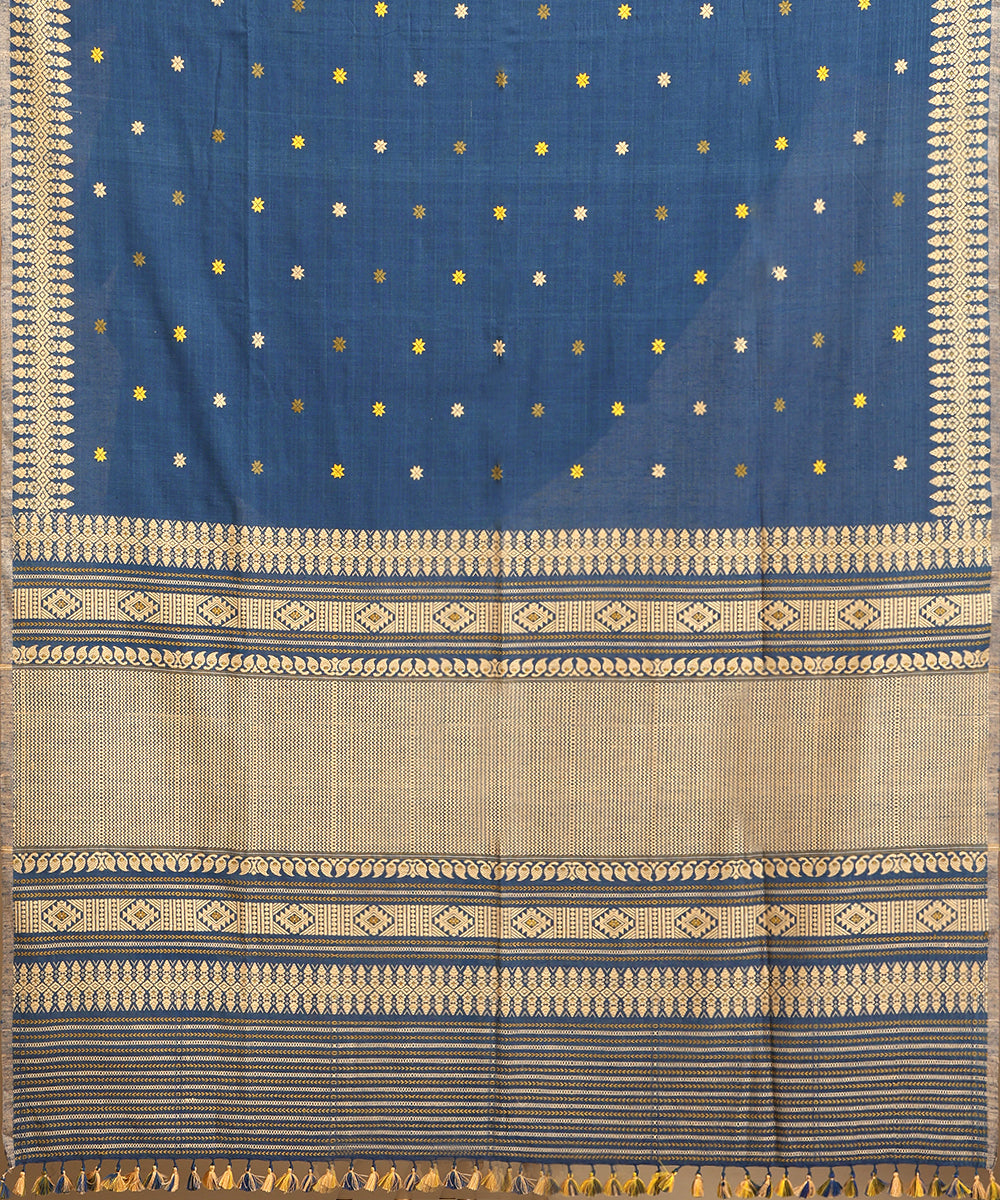 Blue_Handloom_Pure_Eri_Silk_Assam_Indigo_Dye_Saree_With_Yellow_And_Beige_Small_Floral_Booti_With_Beige_Border_WeaverStory_05
