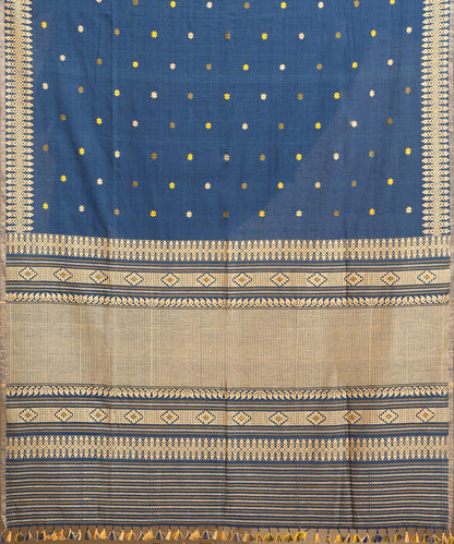 Blue_Handloom_Pure_Eri_Silk_Assam_Indigo_Dye_Saree_With_Yellow_And_Beige_Small_Floral_Booti_With_Beige_Border_WeaverStory_05