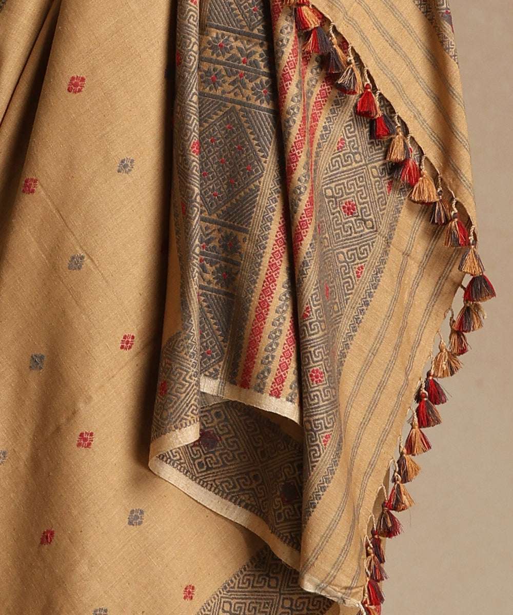 Beige_Handloom_Pure_Eri_Silk_Tea_Pluff_Dye_Saree_With_Red_Meena_Flowers_WeaverStory_04