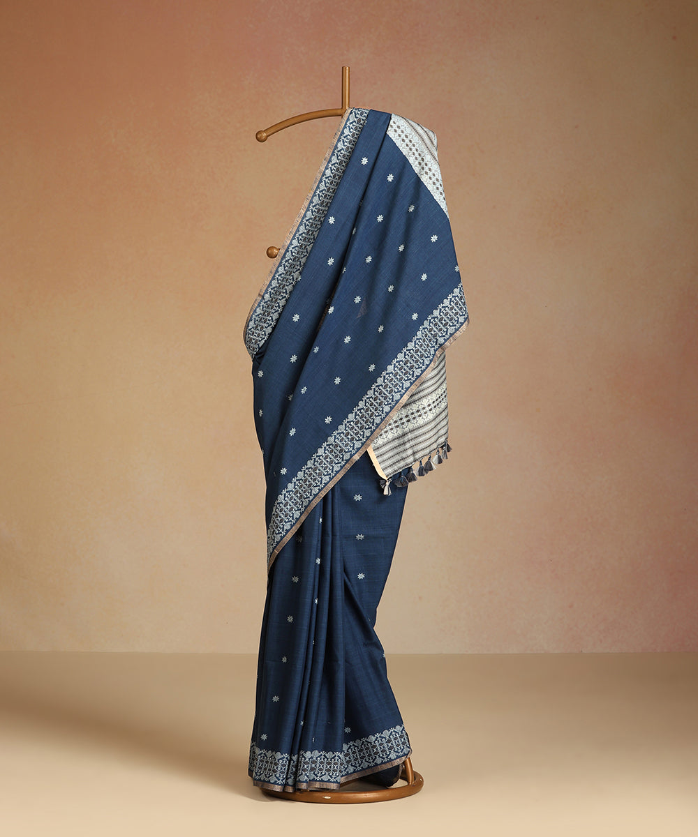 Blue_Handloom_Pure_Eri_Silk_Assam_Indigo_Dye_Saree_With_Beige_Selvedge_WeaverStory_01