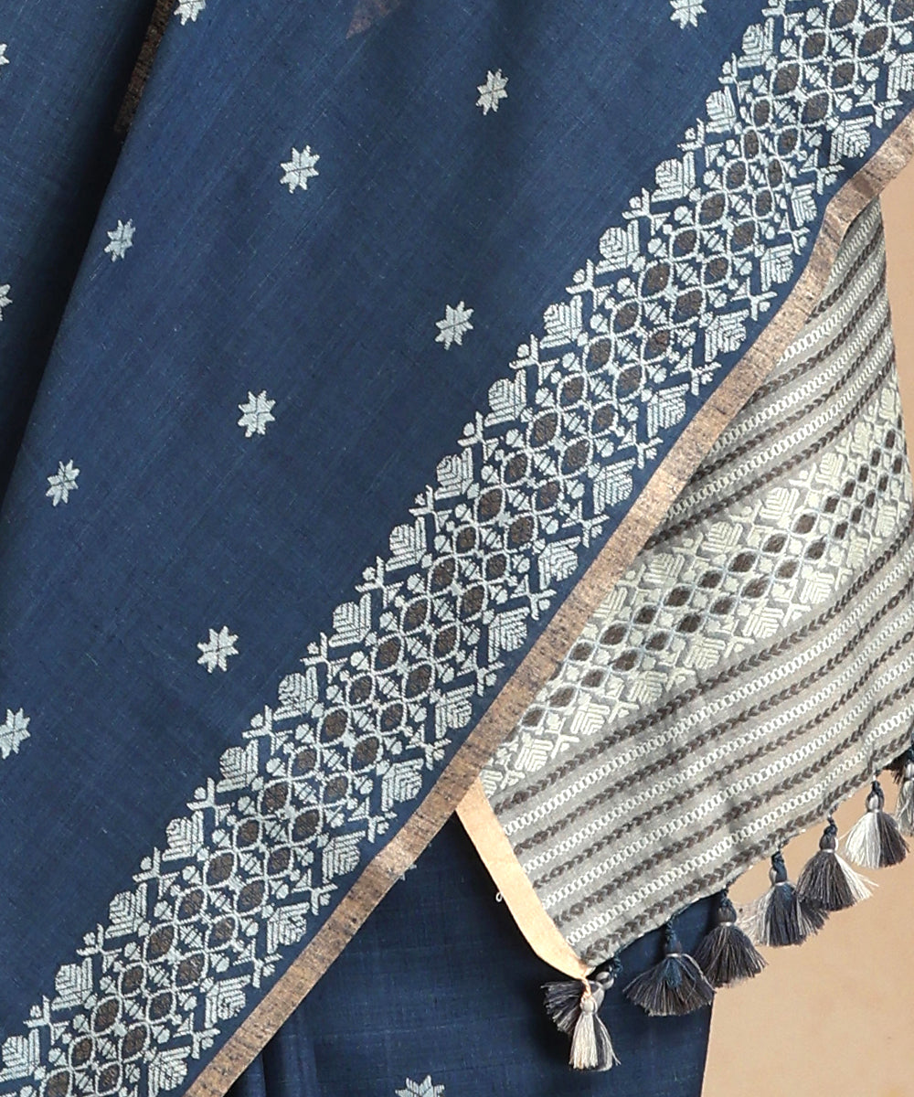 Blue_Handloom_Pure_Eri_Silk_Assam_Indigo_Dye_Saree_With_Beige_Selvedge_WeaverStory_04