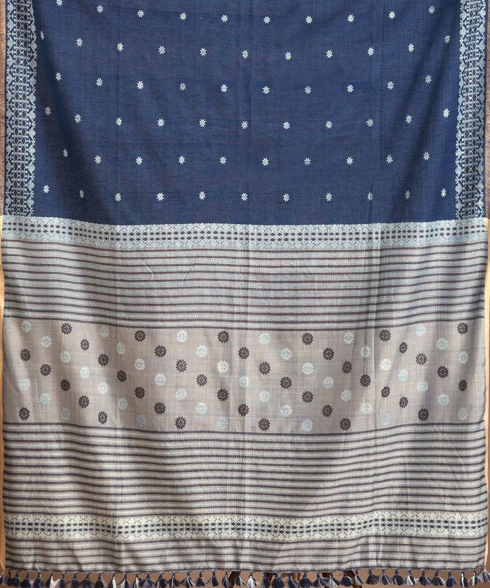 Blue_Handloom_Pure_Eri_Silk_Assam_Indigo_Dye_Saree_With_Beige_Selvedge_WeaverStory_05