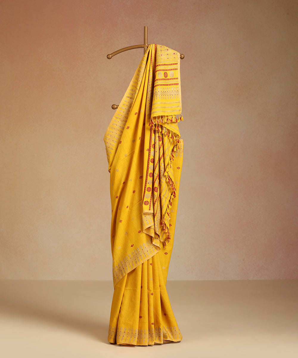 Yellow_Handloom_Pure_Eri_Silk_Turmeric_Dye_Saree_With_Red_And_Beige_Meena_WeaverStory_01
