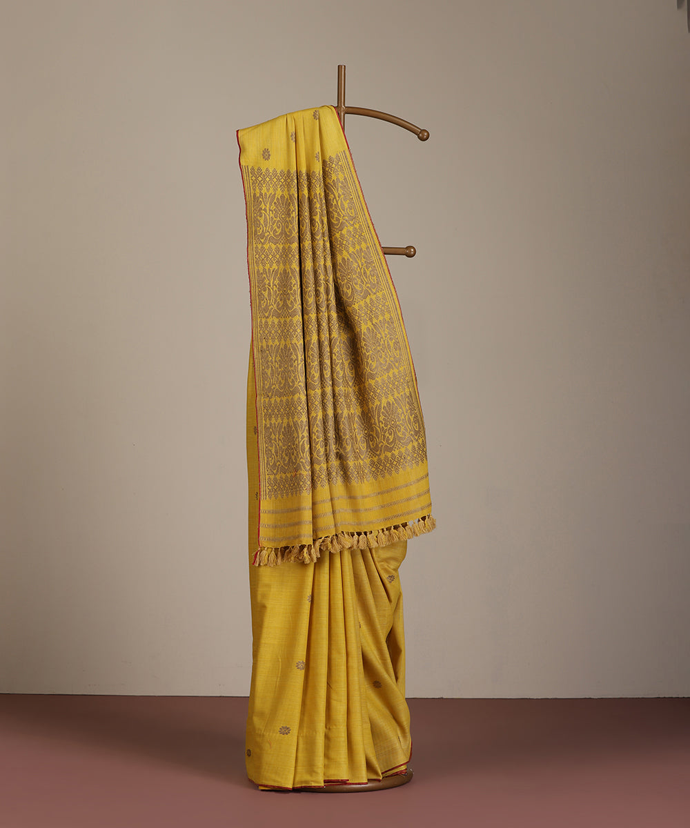 Yellow_Handloom_Pure_Eri_Silk_Turmeric_Dye_Saree_With_Red_Selvedge_WeaverStory_01