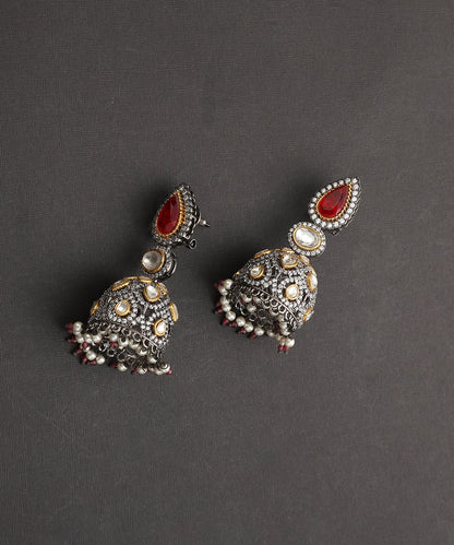 Kabini_Handcrafted_Silver_Alloy_Jhumki_With_Moissanite_Polki_And_Red_Semi_Precious_Stones_WeaverStory_02