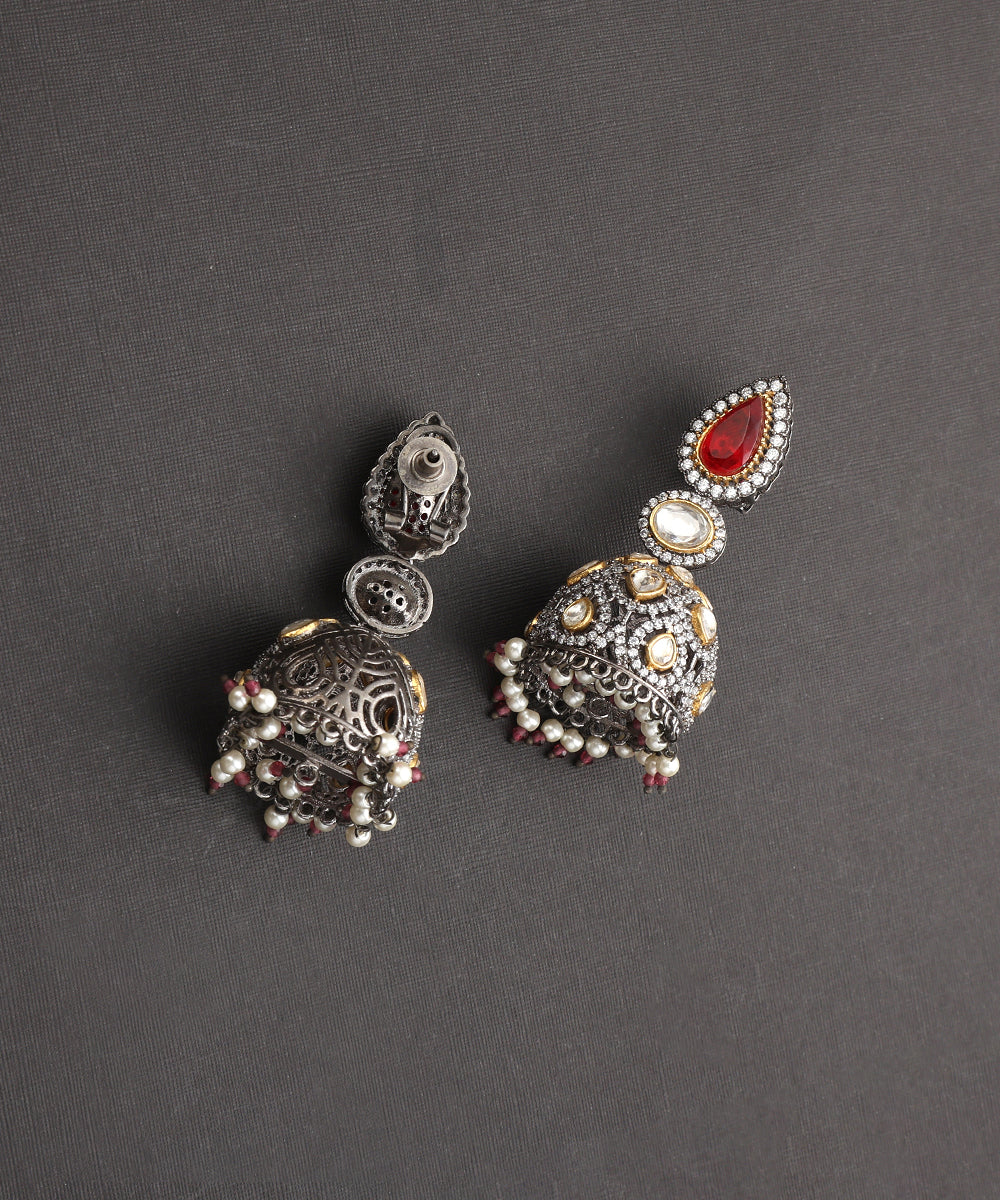 Kabini_Handcrafted_Silver_Alloy_Jhumki_With_Moissanite_Polki_And_Red_Semi_Precious_Stones_WeaverStory_03