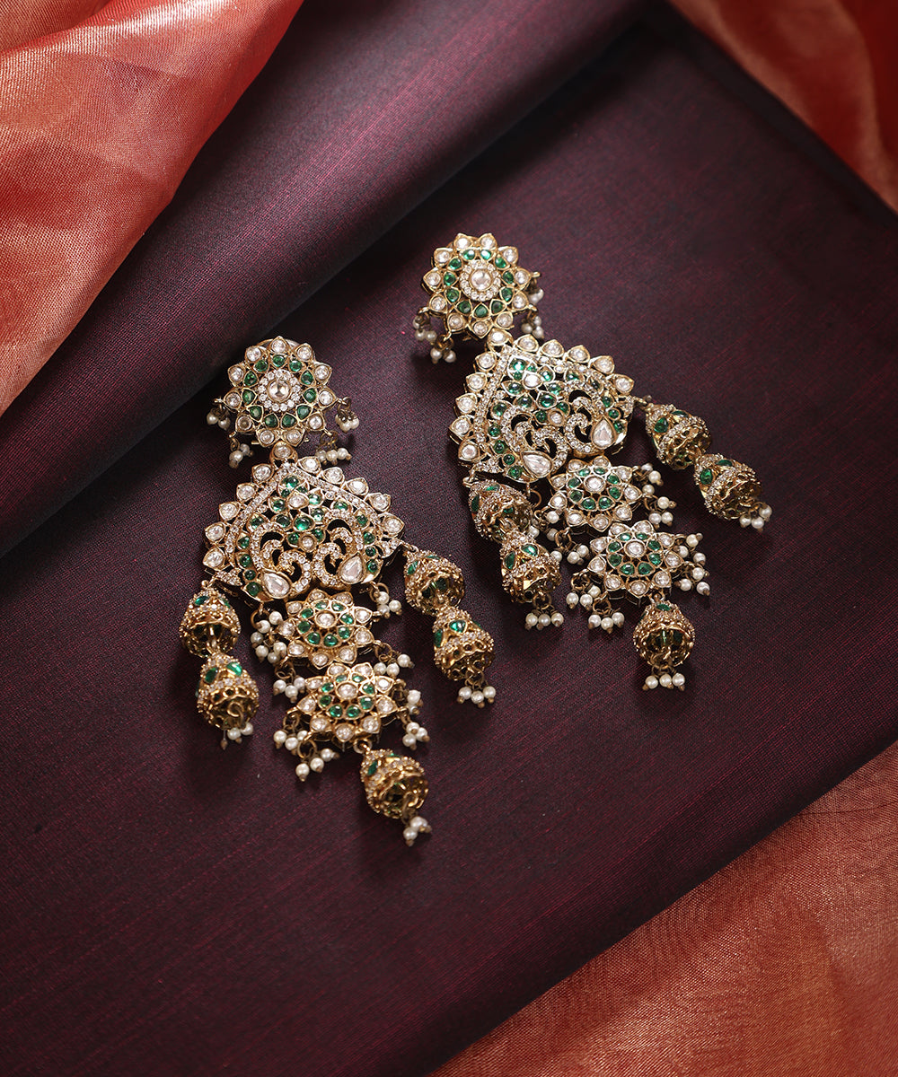 Amala_Handcrafted_Silver_Alloy_Chandbali_With_Moissanite_Polki_And_Semi_Precious_Green_Stones_WeaverStory_01