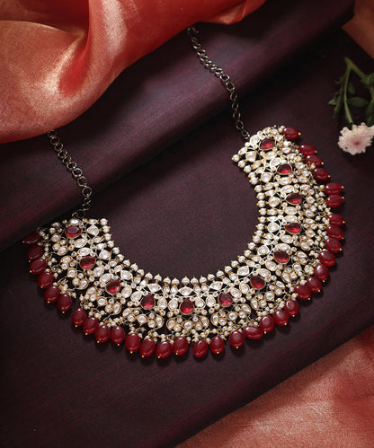 Bhavanya_Handcrafted_Silver_Alloy_Necklace_With_Moissanite_Polki_And_Red_Semi_Precious_Stones_WeaverStory_01