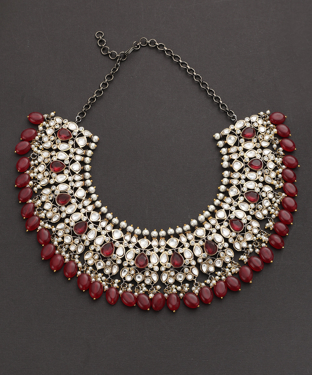 Bhavanya_Handcrafted_Silver_Alloy_Necklace_With_Moissanite_Polki_And_Red_Semi_Precious_Stones_WeaverStory_02